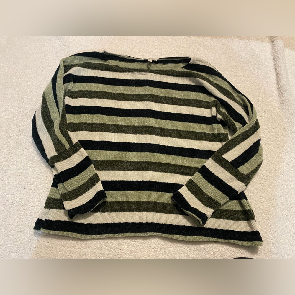 Off-the-Shoulder Striped Sweater in Olive, Black & Cream